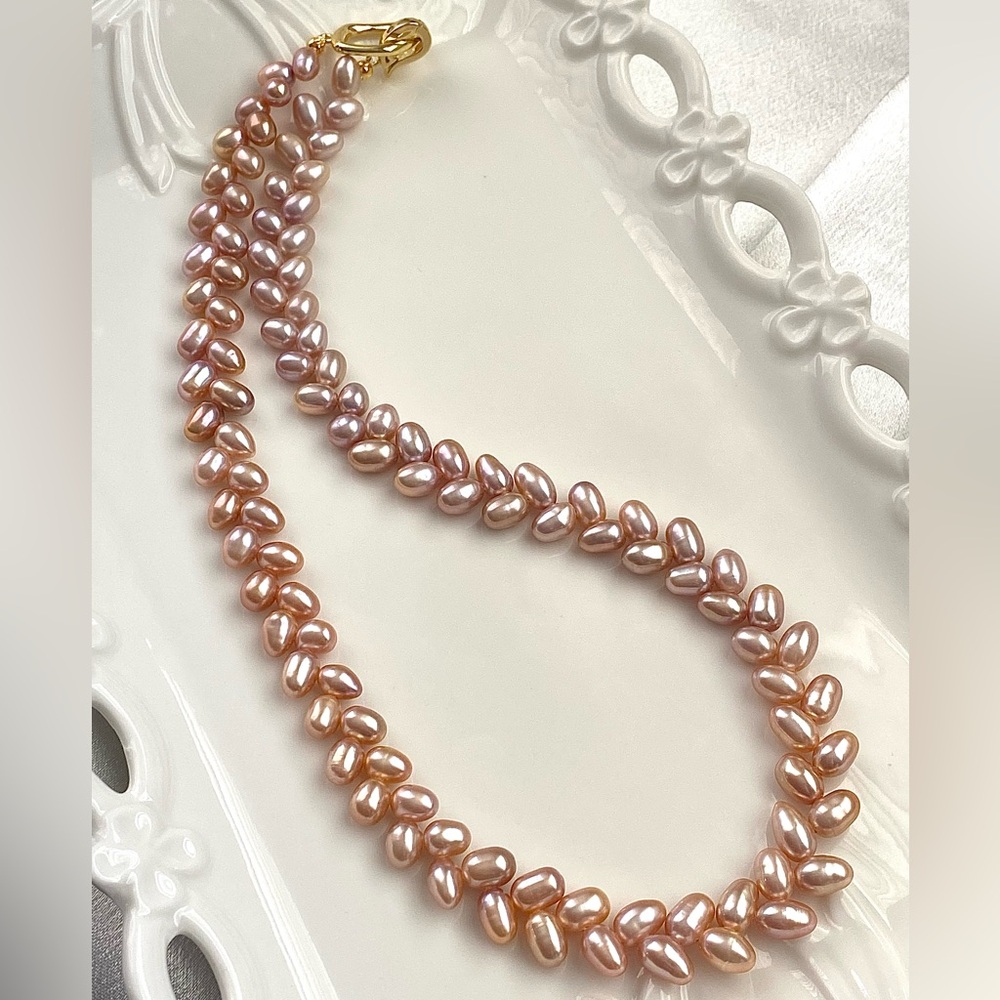 N206- High Quality Peach Golden Wheat Pattern Pearl Necklace